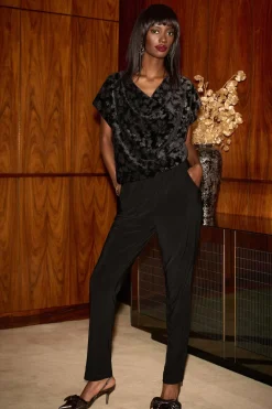 Joseph Ribkoff Foiled Velvet Jumpsuit in Black Gold 244001