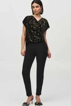 Joseph Ribkoff Foiled Velvet Jumpsuit in Black Gold 244001