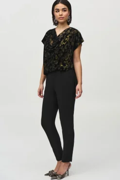 Joseph Ribkoff Foiled Velvet Jumpsuit in Black Gold 244001