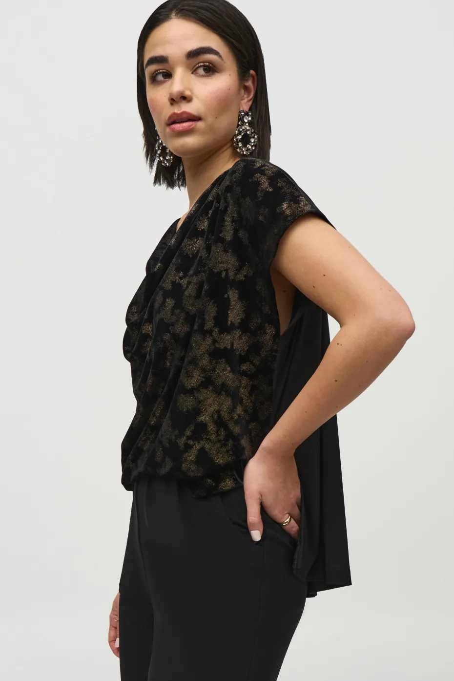 Joseph Ribkoff Foiled Velvet Jumpsuit in Black Gold 244001