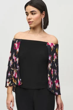 Joseph Ribkoff Pleated Cape Top in Black Floral 244246