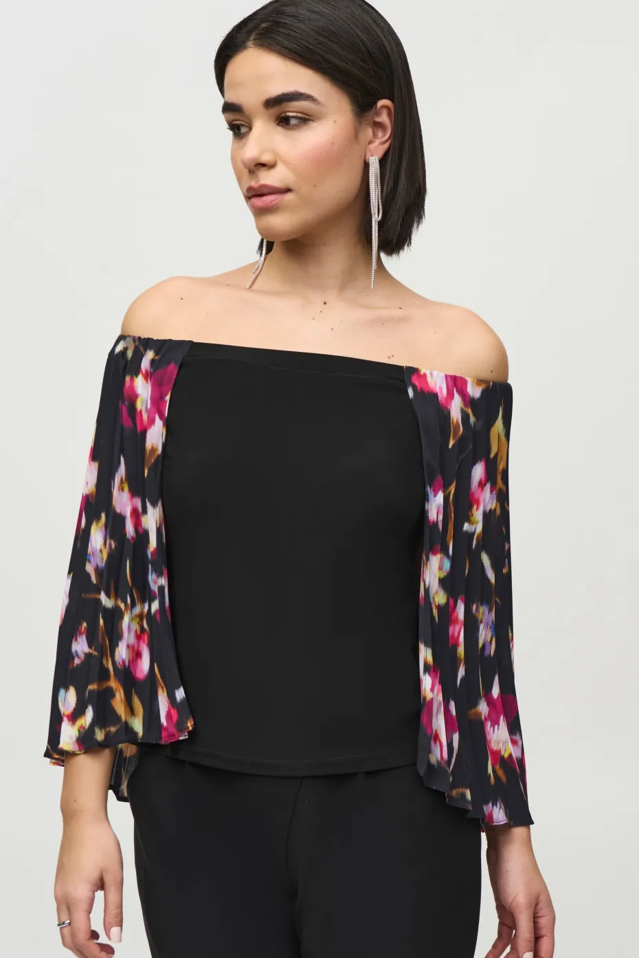 Joseph Ribkoff Pleated Cape Top in Black Floral 244246