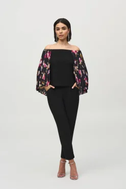 Joseph Ribkoff Pleated Cape Top in Black Floral 244246