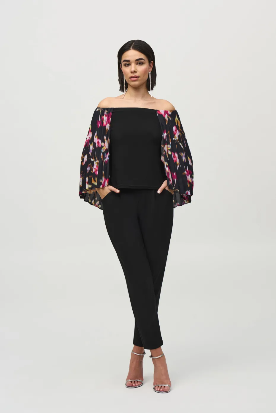 Joseph Ribkoff Pleated Cape Top in Black Floral 244246