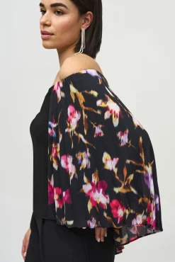 Joseph Ribkoff Pleated Cape Top in Black Floral 244246