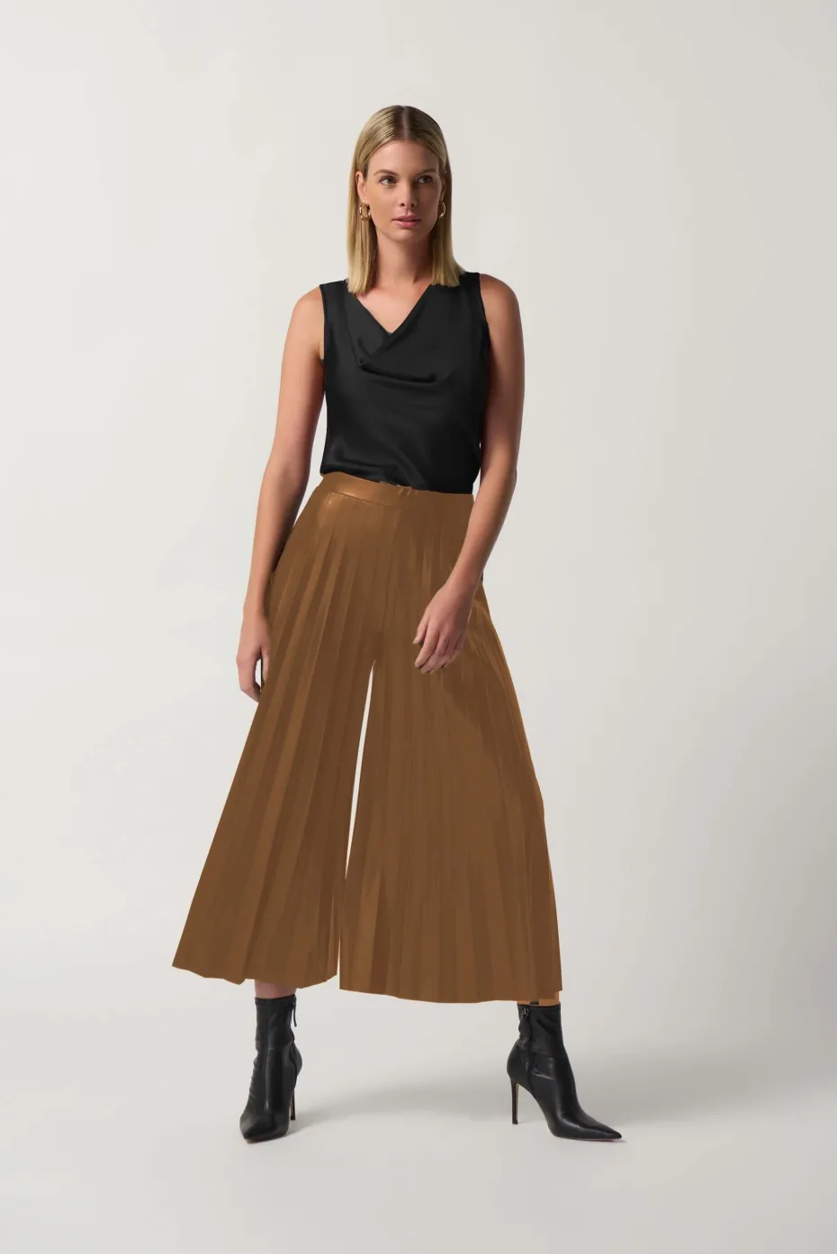 Joseph Ribkoff Pleated Faux Leather Culotte in Nutmeg 233109