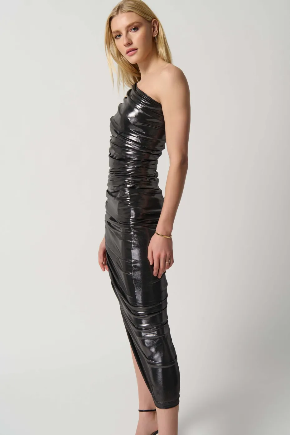 Joseph Ribkoff Shirred Metallic Dress in Gunmetal 234158