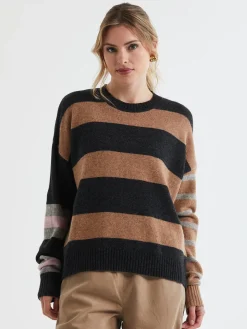LD & Co Lambswool Striped Crew Jumper in Chocolate Mix