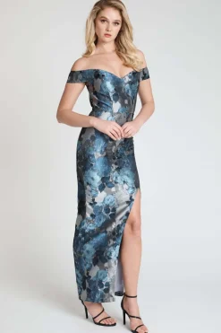 Romance Vaelrie Off The Shoulder Maxi in Silver Blue