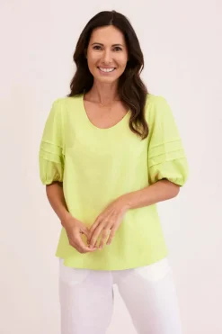 See Saw Puff Sleeve Top in Pine Lime