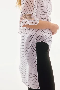 Signature by Joseph Ribkoff Chiffon Top in Vanilla Black Dots 251774