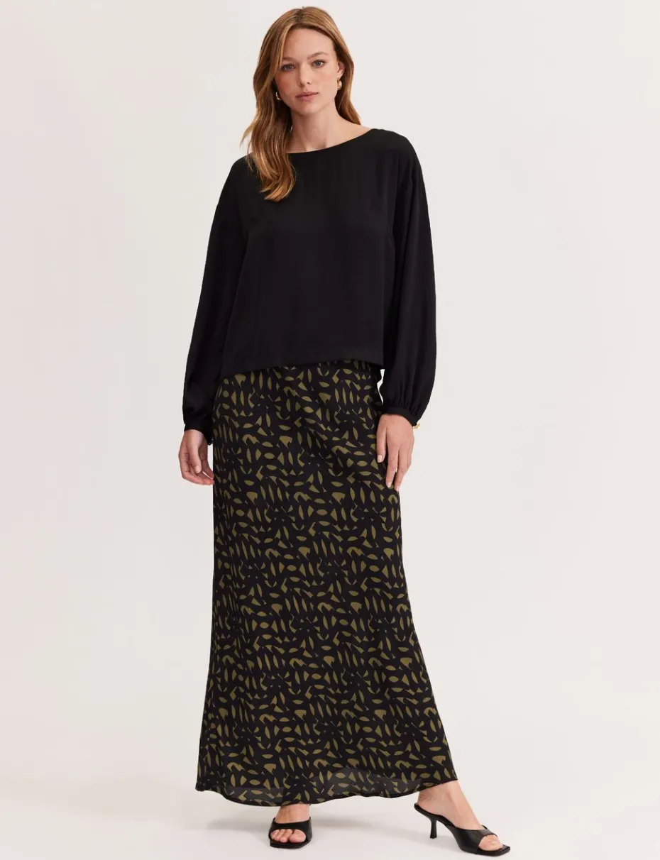 Staple the Label Zadie Bias Maxi Skirt in Black Khaki Geo