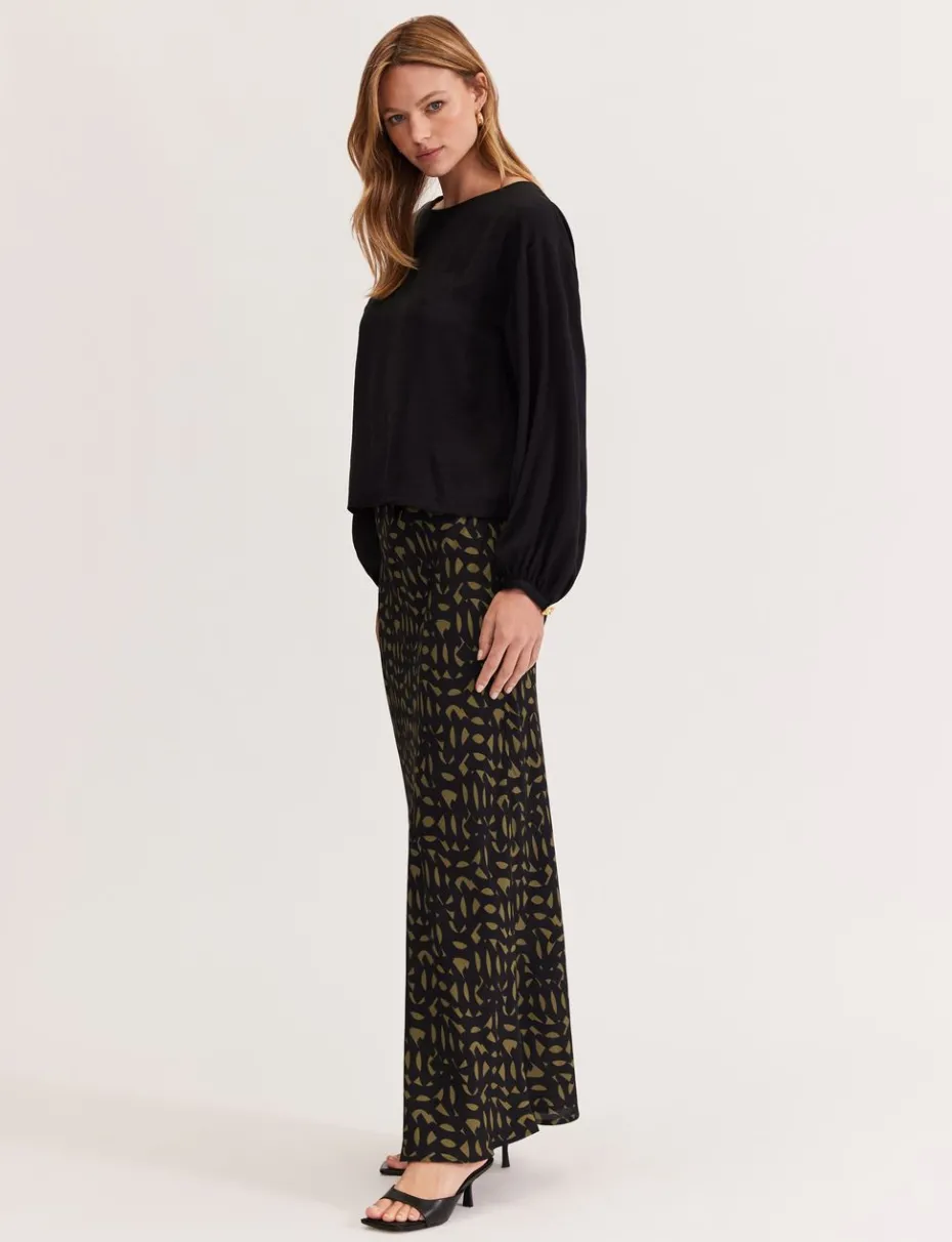 Staple the Label Zadie Bias Maxi Skirt in Black Khaki Geo