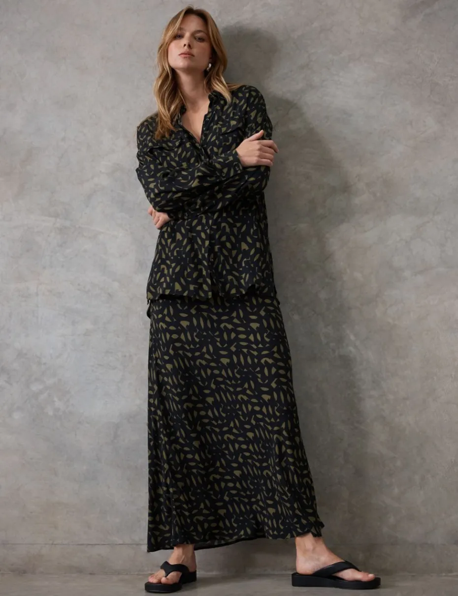 Staple the Label Zadie Bias Maxi Skirt in Black Khaki Geo