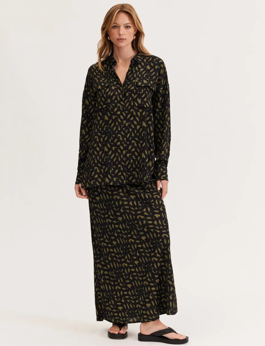 Staple the Label Zadie Bias Maxi Skirt in Black Khaki Geo