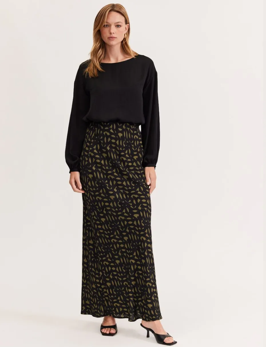 Staple the Label Zadie Bias Maxi Skirt in Black Khaki Geo