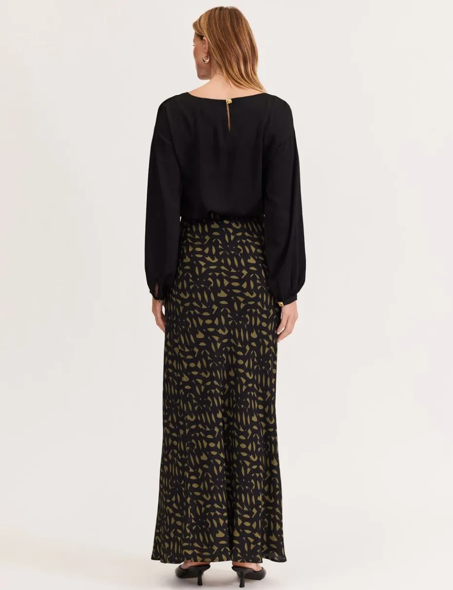 Staple the Label Zadie Bias Maxi Skirt in Black Khaki Geo