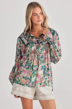 Talisman Drifter Top in Green Rose Garden