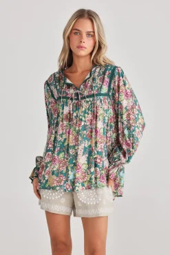 Talisman Drifter Top in Green Rose Garden