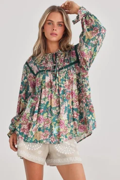 Talisman Drifter Top in Green Rose Garden