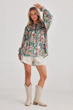 Talisman Drifter Top in Green Rose Garden