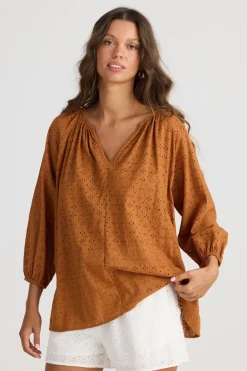 Talisman Isla Blouse in Tan Broderie